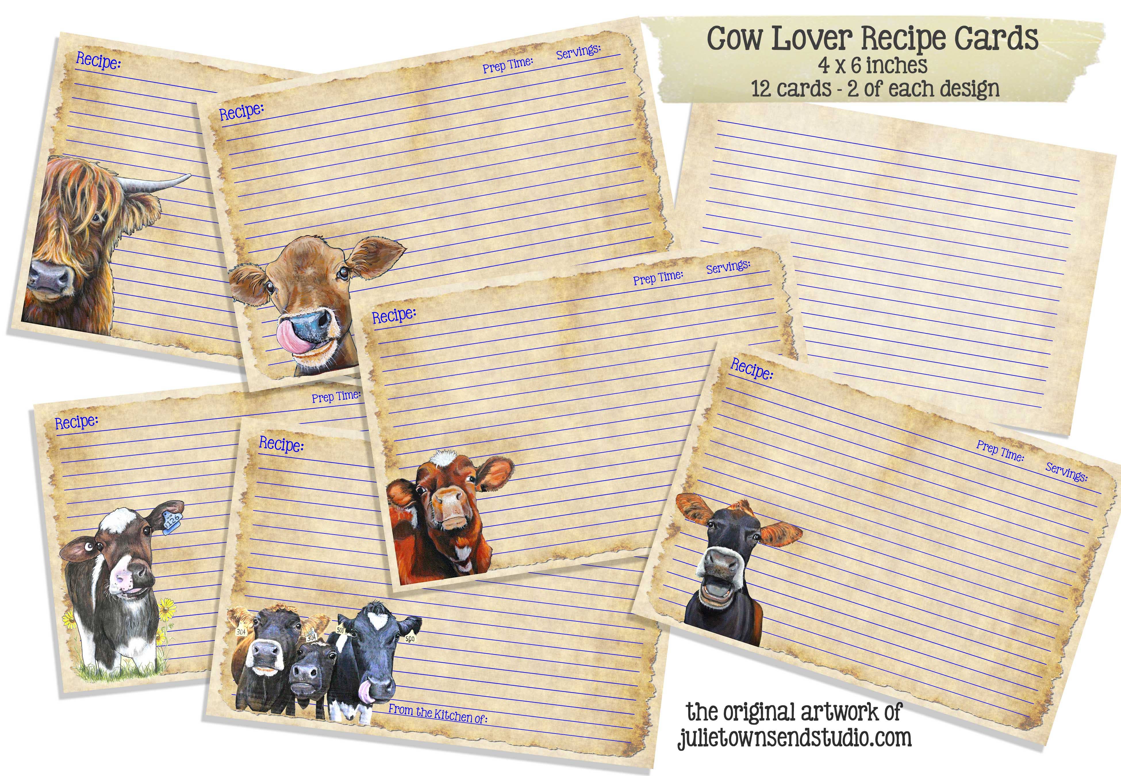 Julie Townsend Studio - Wholesale Recipe Card - Recipe Cards - Set of 12 Cute Cow Recipe Cards - COW LOVER 13