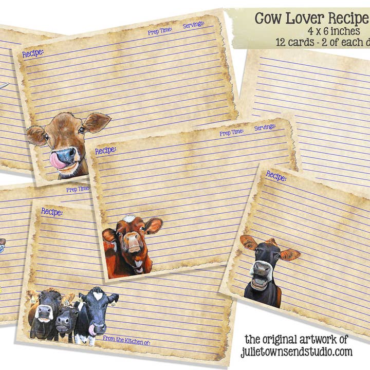 Julie Townsend Studio - Wholesale Recipe Card - Recipe Cards - Set of 12 Cute Cow Recipe Cards - COW LOVER 13