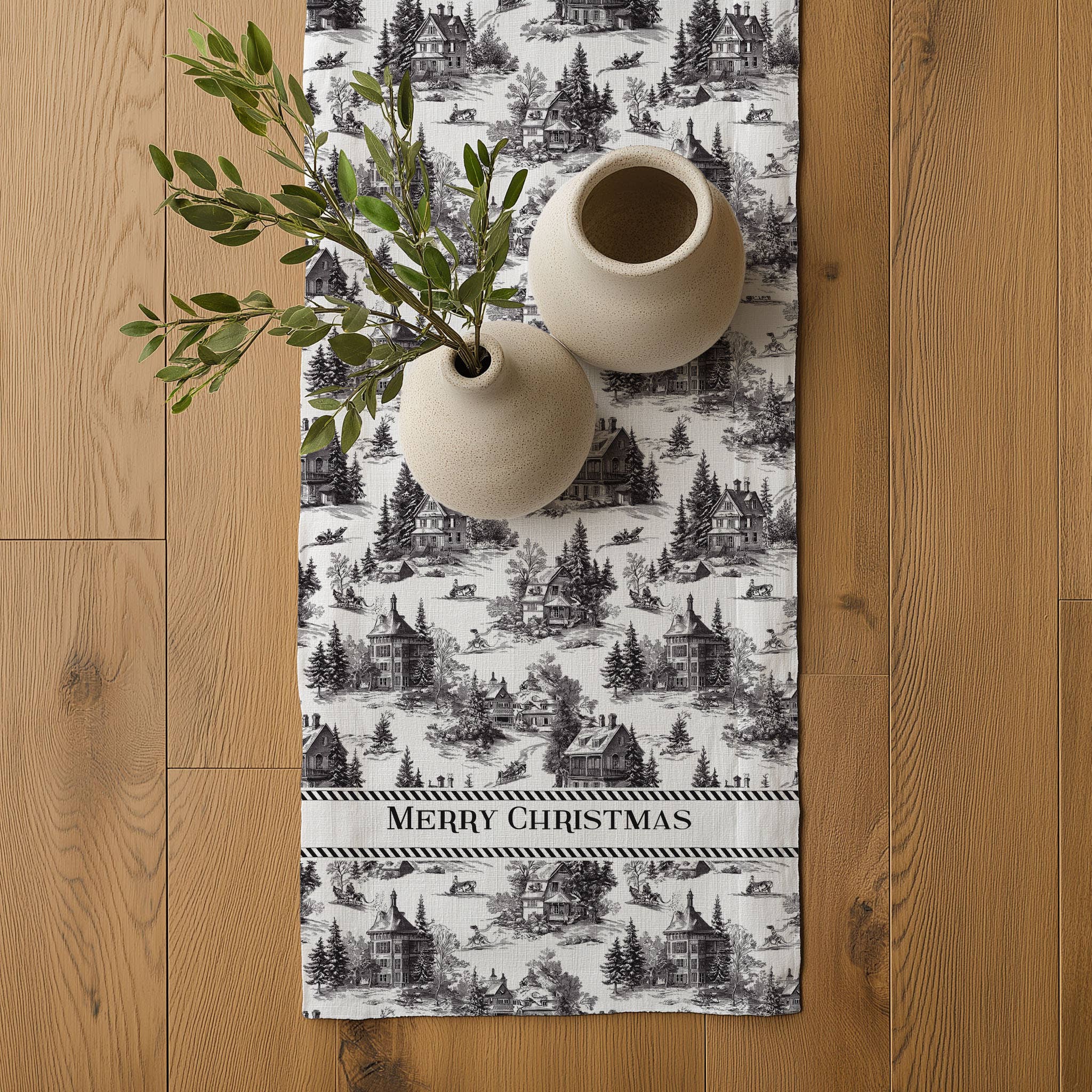 NorraVilla – wholesale Table runner – 100% Linen Runner Merry Christmas Toile de jouy Country0