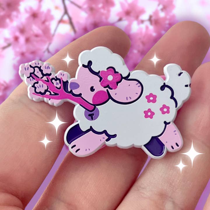 Cherry Blossom Puppy ~ Enamel Pin for wholesale by Woolblossom