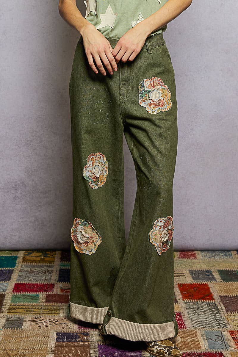 Pol Clothing - Wholesale Pants - Women's - Floral Patchwork Rolled-up Denim Straight Pants15