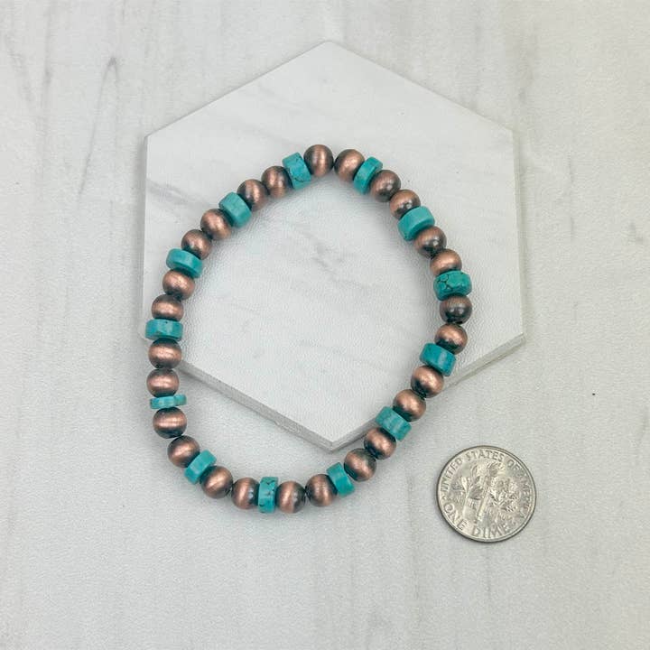 BRZ240708-30 Blue roundel turquoise stone and copper Navajo pearl beads bracelet for wholesale by Western Elite Jewelry