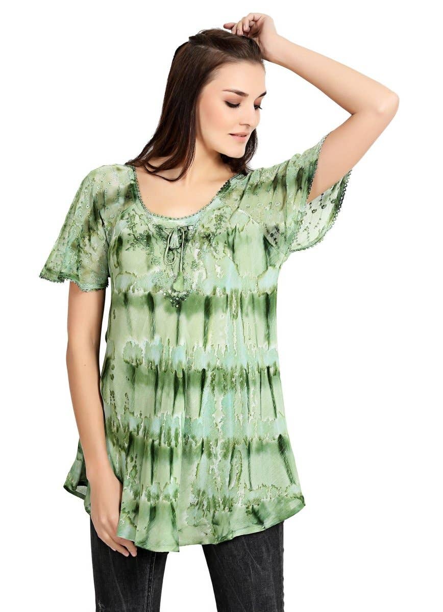Advance Apparels - Wholesale Tunic - Women's - Waterfall Tie Dye Cap Sleeve Blouse 1920710