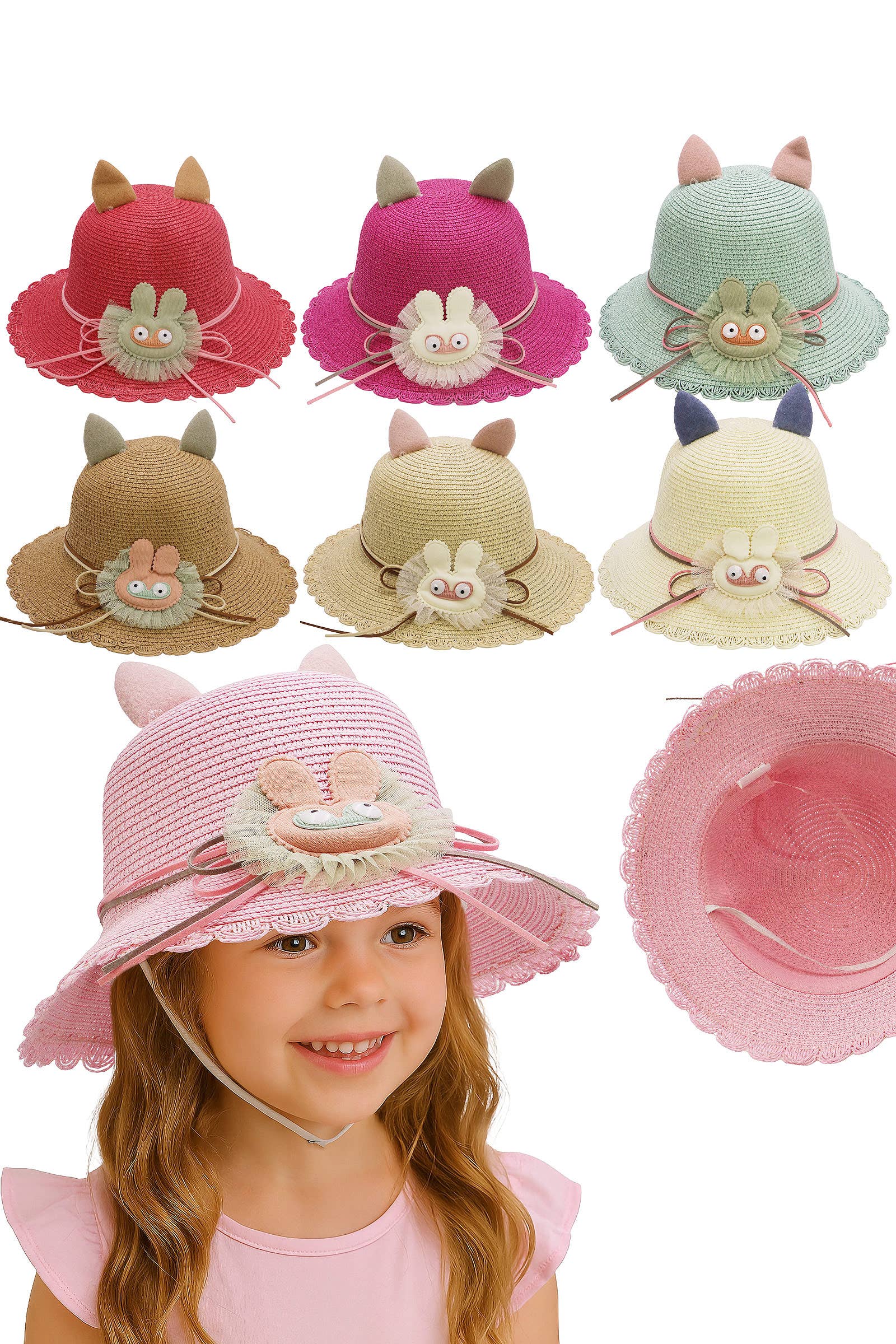 Assorted Kids Bunny Ear Scallop Straw Bucket Sun Hat -DISLCLAIMER for wholesale on Faire