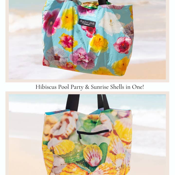 Hibiscus & Shells Reversible Bag for wholesale by Angelina Hills Art Photography