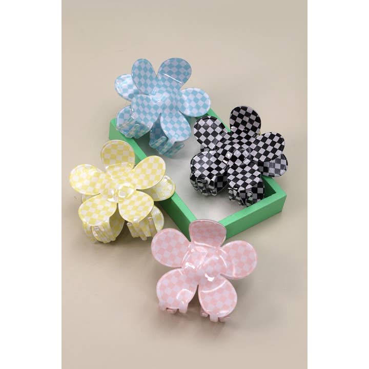 JOSSLYN by wall to wall - Wholesale Hair Clip - Women's - JUMBO CHECKER FLOWER HAIR CLAW CLIP | 40H644