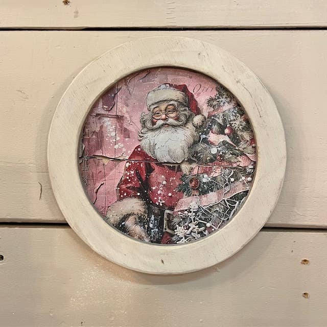LAND OF COTTON – wholesale Christmas Wall Art – Round Pink Santa Framed Canvas 1