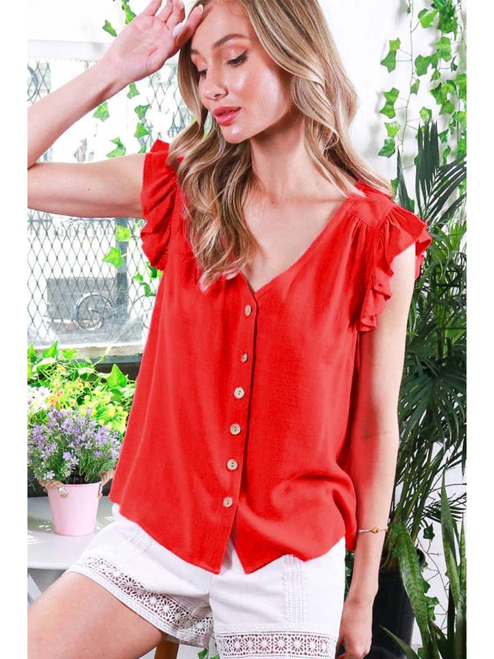 Vine & Love - Wholesale Blouse - Women's - V-Neck Sleeveless Ruffled Cotton Linen Top VT816888
