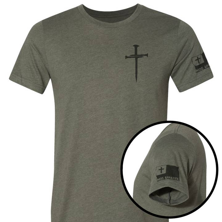 Never Lose Hope Designs - Wholesale Screen Printed T-Shirt - Men's - Three Nails Christian Graphic Tee - Heather Mil. Green1