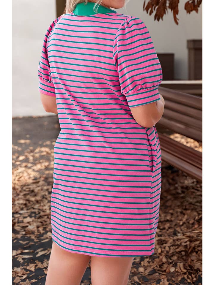 Pink Plus Size Stripe V Neck Puff Sleeve Collared Shirt Dress for wholesale on Faire