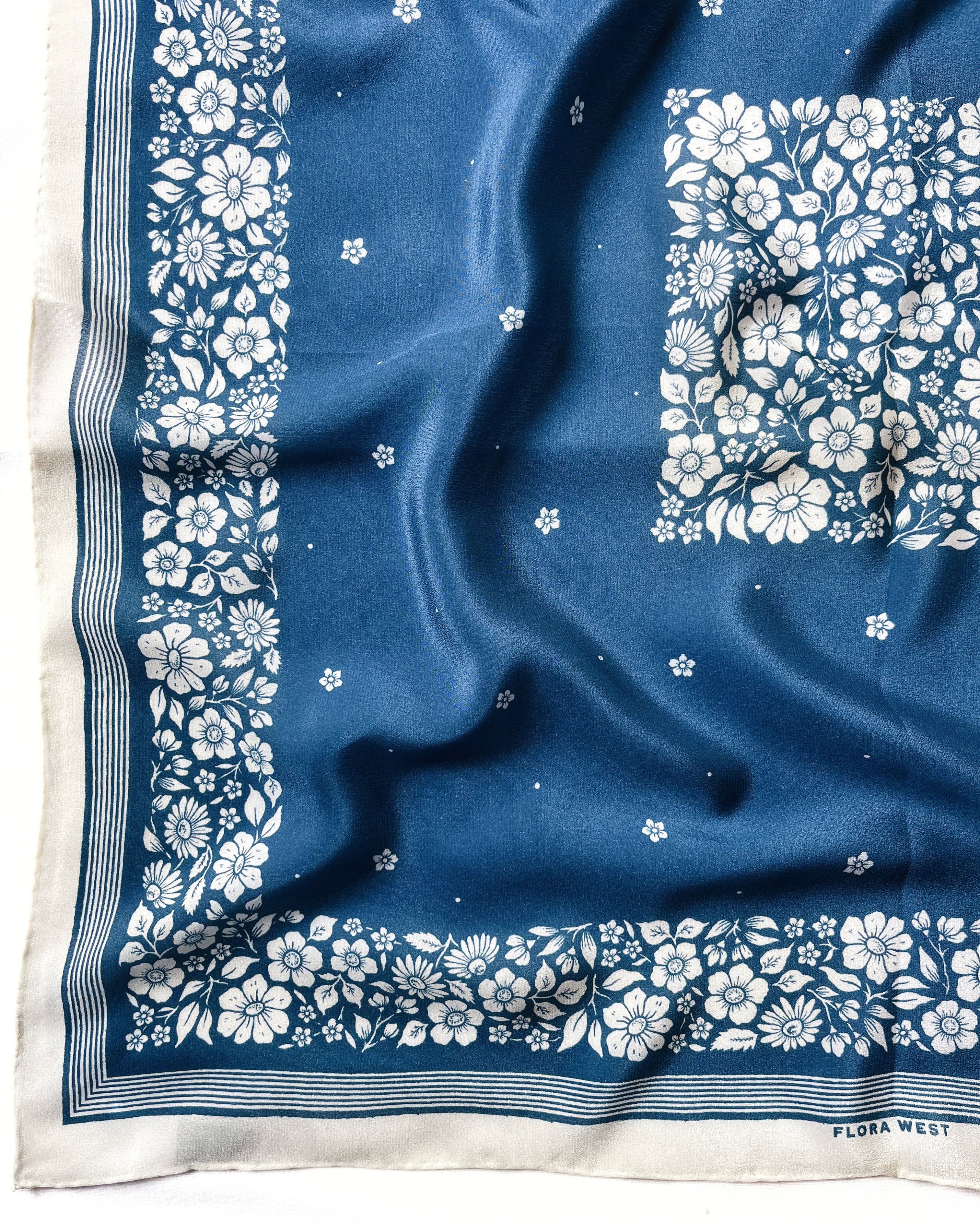 Flora West Design - Wholesale Bandana – Women's - 100% Silk Bandana Scarf -Santorini Floral China Blue Western