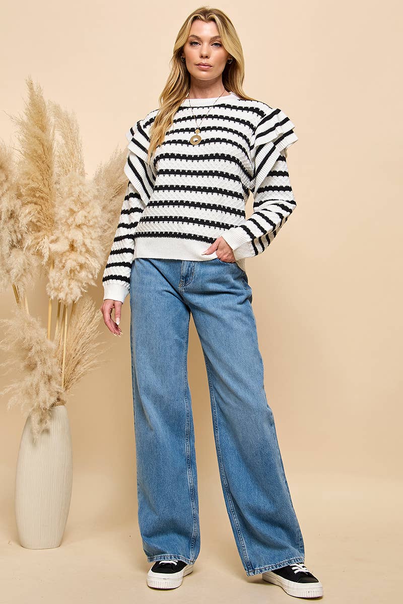 Schwarz/Weiss Gestreifter Pullover mit Rüschenbesatz  für den Großhandel auf Faire7