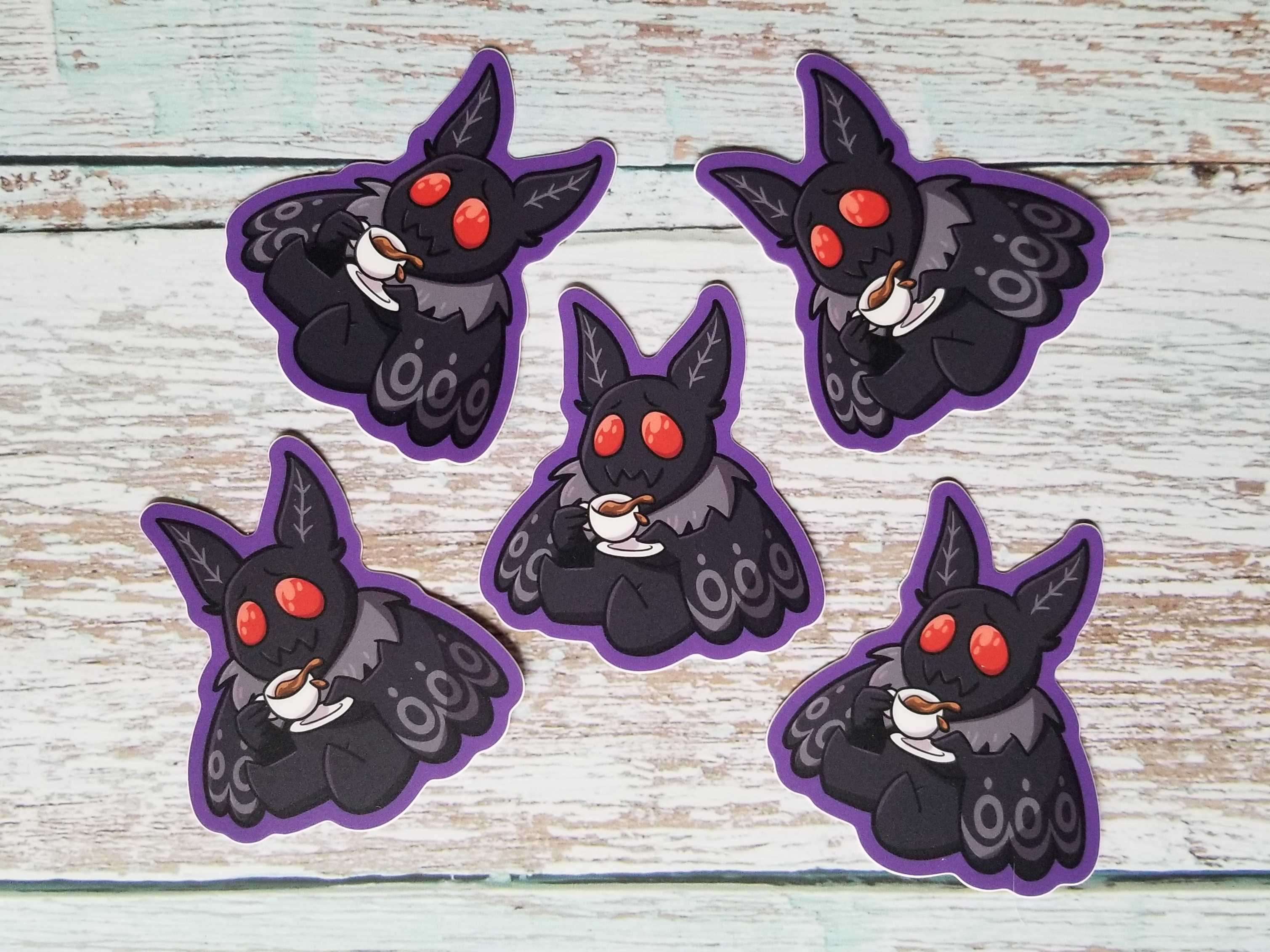 Jade Raven Arts - Wholesale Sticker - Mothman Spills the Tea Vinyl Sticker1