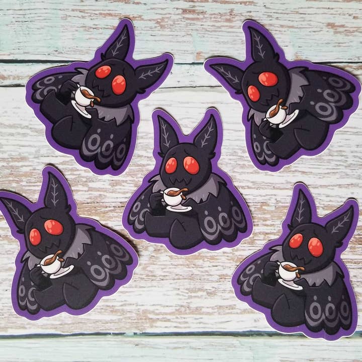 Jade Raven Arts - Wholesale Sticker - Mothman Spills the Tea Vinyl Sticker1