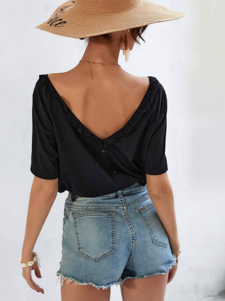 Flarix - Wholesale Blouse - Women's - frenchy fake button ruffle trim v back tee3