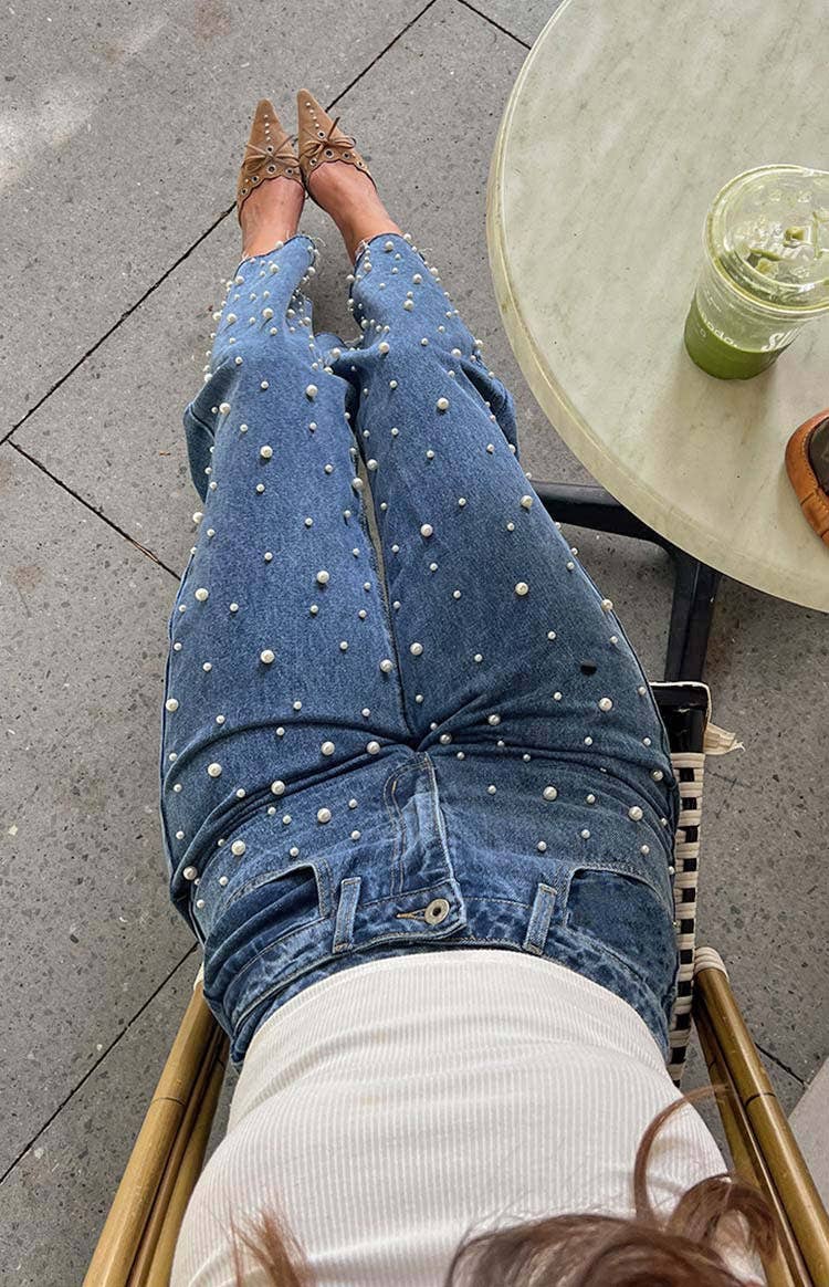 BLUE Crossbody retro beaded straight-leg denim trousers for wholesale on Faire2