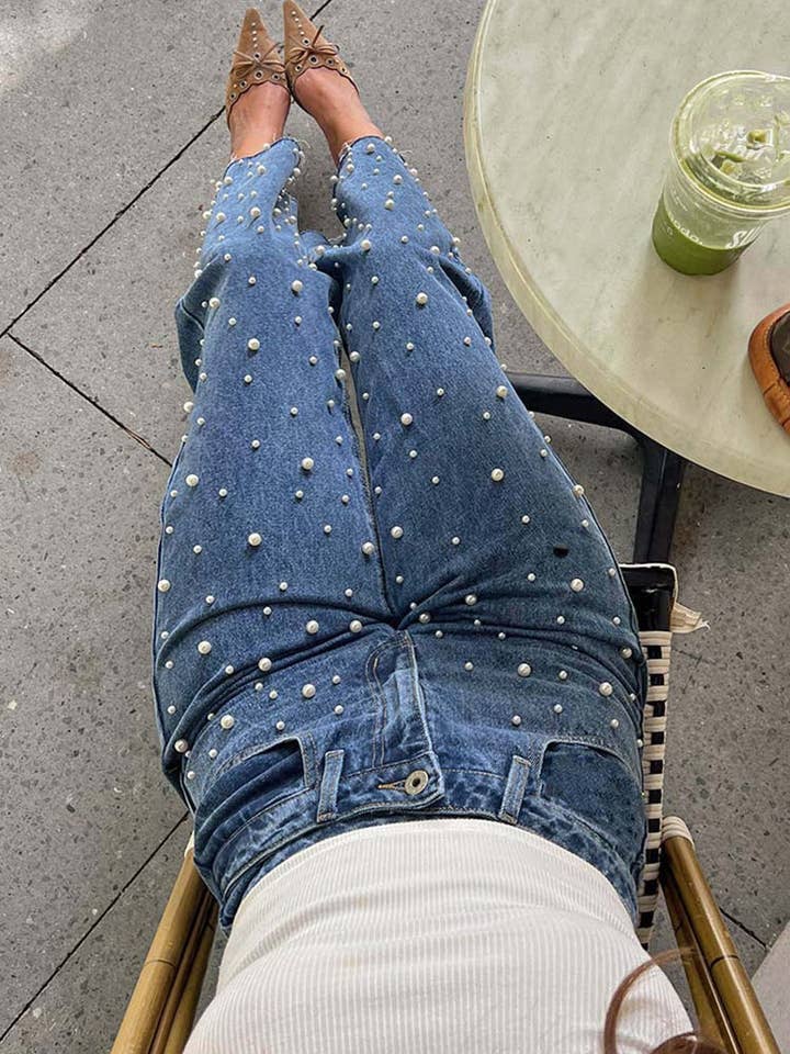 BLUE Crossbody retro beaded straight-leg denim trousers for wholesale on Faire2