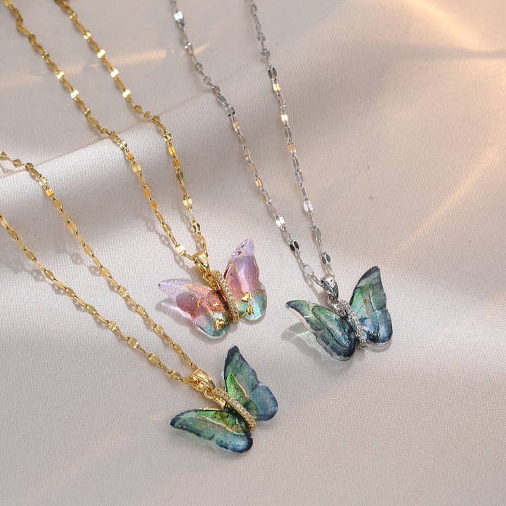 Perimade & Co. LLC - Wholesale Pendant/Charm Necklace - Colorful Butterfly Pendant Necklace in Stainless Steel