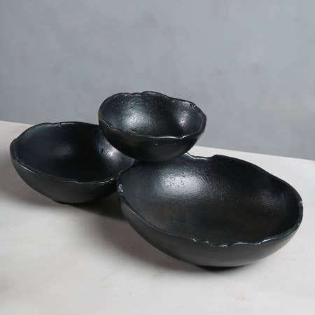 India Handicrafts Inc - Wholesale Serve Bowl - Black Aluminum 3-Bowl Cluster Dish8