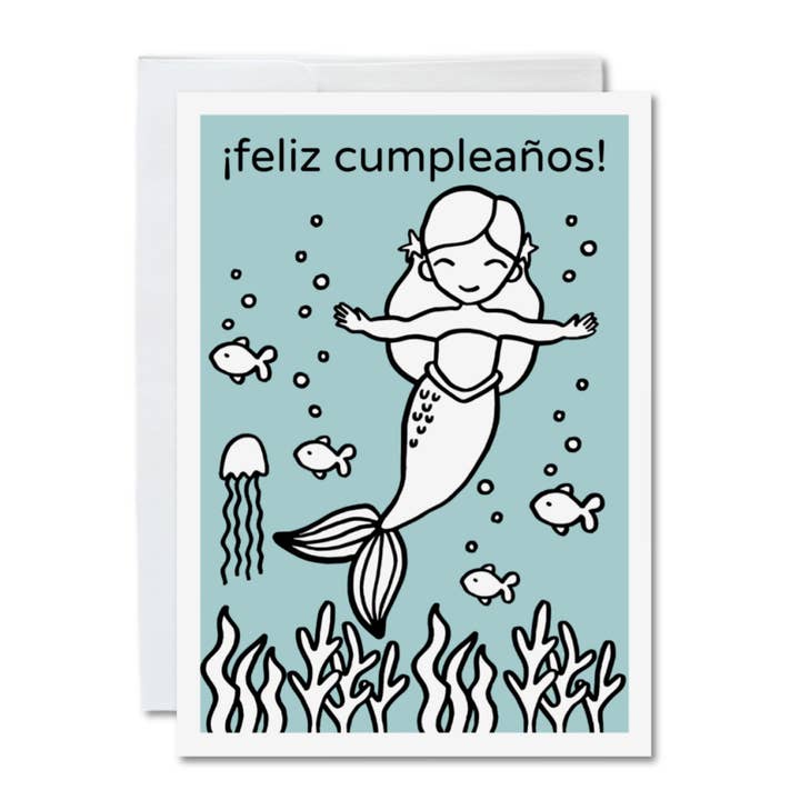 Carte d'anniversaire espagnole à colorier, sirène aux cheveux ondulés pour la vente par Calamari Inc.
