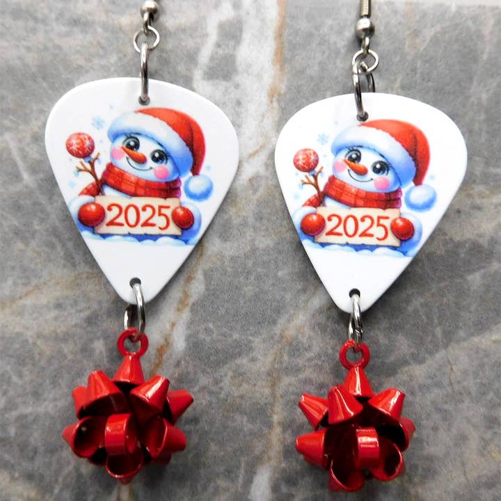 Simply Raevyn - Wholesale Dangle Earrings - Christmas 2025 Snowman Guitar Pick Earrings with Bow Dangles4