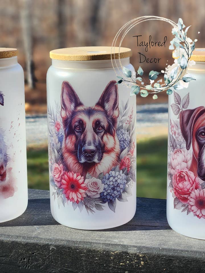 Frosted Glass "Dog Breed" Tumblers for wholesale by Taylored Decor