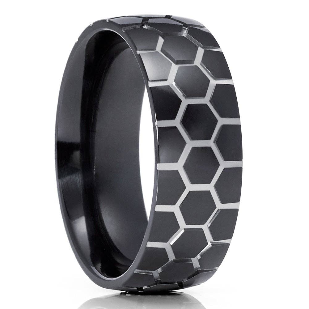 Black Zirconium Wedding Ring - Soccer Wedding Band - Zirconium Wedding Ring - Black Ring for wholesale on Faire1