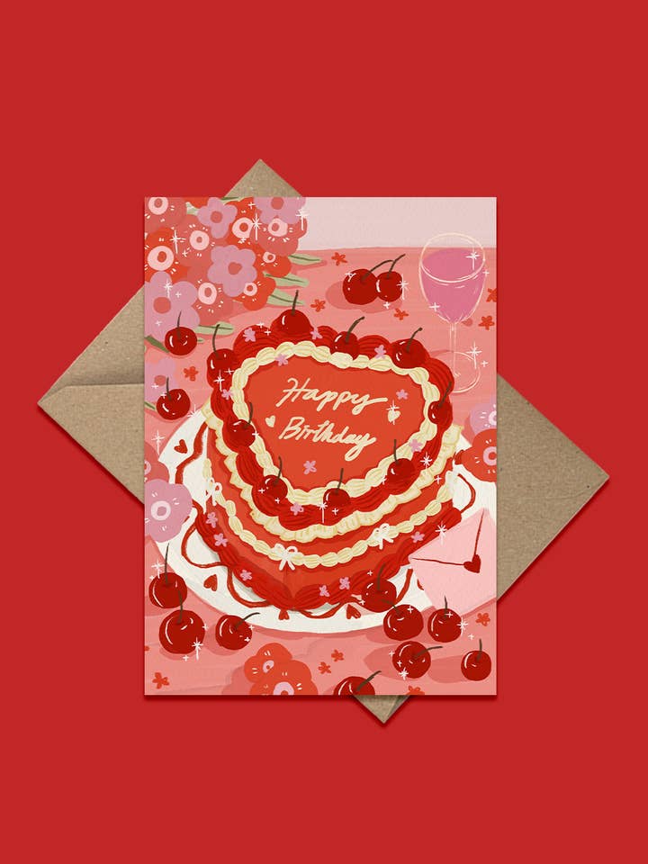 Cherry Heart Cake Birthday Greeting Card for wholesale by Ziyi Studio