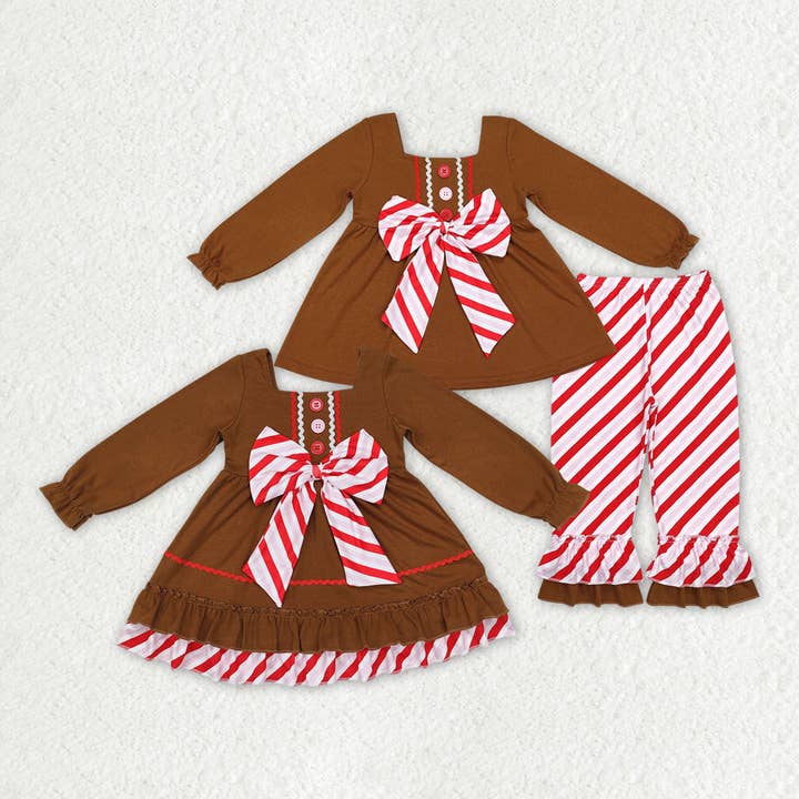 Sibling Baby Girls Brown Gingerbread Bow Dresses Clothes Sets for wholesale by Aier Wholesale