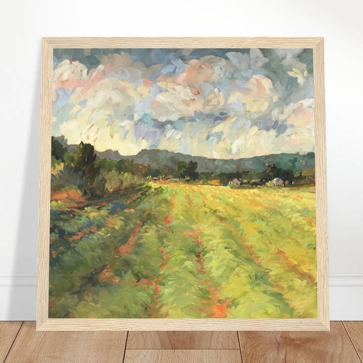Paysage « Avant la récolte » | Impression artistique encadrée en bois 12x12 | Œuvre originale de l'artiste américaine Barbara Cleary pour la vente par Barbara Cleary Designs