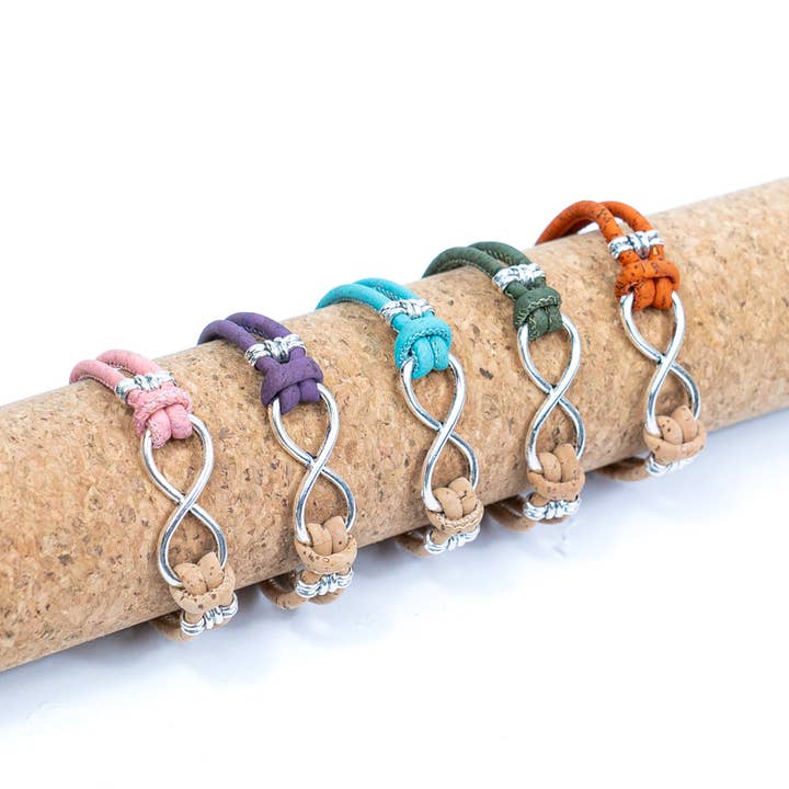Handmade women's bracelet with colored cork wire and alloy hardware Infinity Symbol DBR-044-MIX-5 for wholesale by Meninas Bonitas Cork