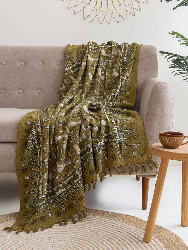 Manta de sofá de algodón con estampado de pájaros y bloque a mano, manta verde. para venta al por mayor de Artsy Home