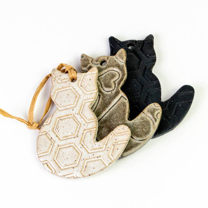 Cat Shaped Handmade in Ohio Stoneware Ceramic Ornament for wholesale by White Squirrel Clayworks