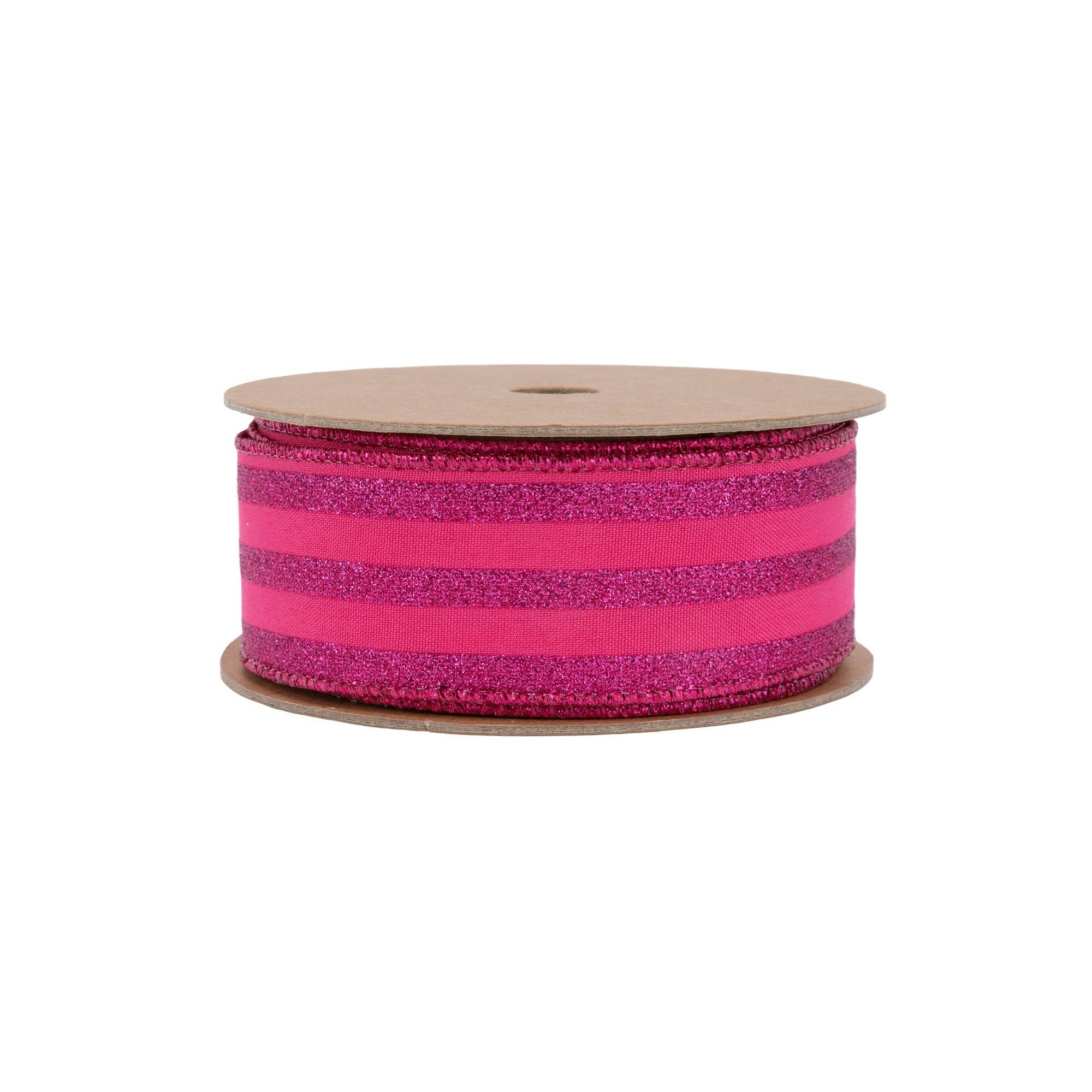LA Ribbons Wholesale – wholesale Ribbon – Gift wrapping – 1 1/2" Wired Ribbon | Hot Pink Glittered Pinstripes on Hot Pink | 10 Yard Roll1