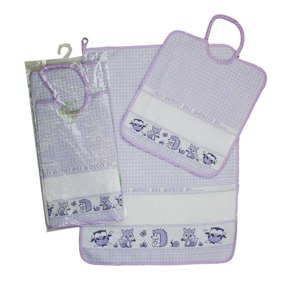 Almatex srl - Wholesale Dishcloth - Set of 2 pcs. FRIENDS OF THE WOOD:towel+bib with elastic band with etamine band to embroider2