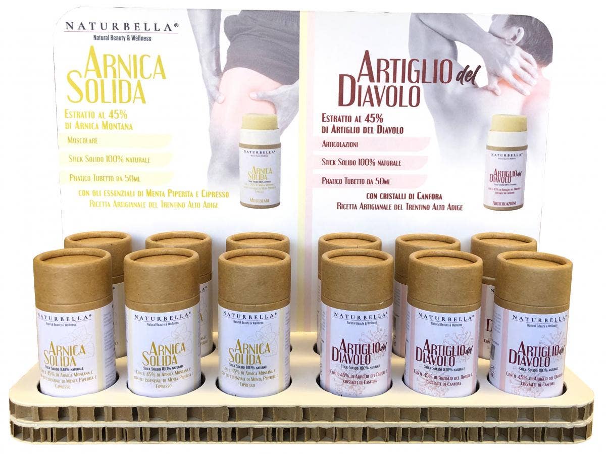 pirotta srl - Venta al por mayor Estantes de exposición de minoristas - Belleza y bienestar - Expositor de mostrador N28 con sticks sólidos de árnica y garra del diablo 50 ml0