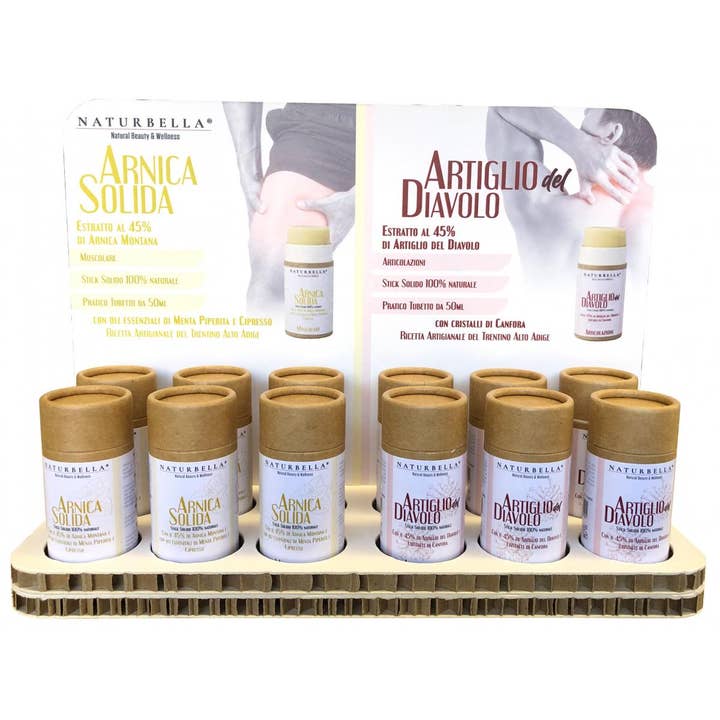 pirotta srl - Vente Présentoirs de commerçant - Beauté et bien-être - Présentoir de comptoir N28 avec sticks solides Arnica et Griffe du Diable 50 ml