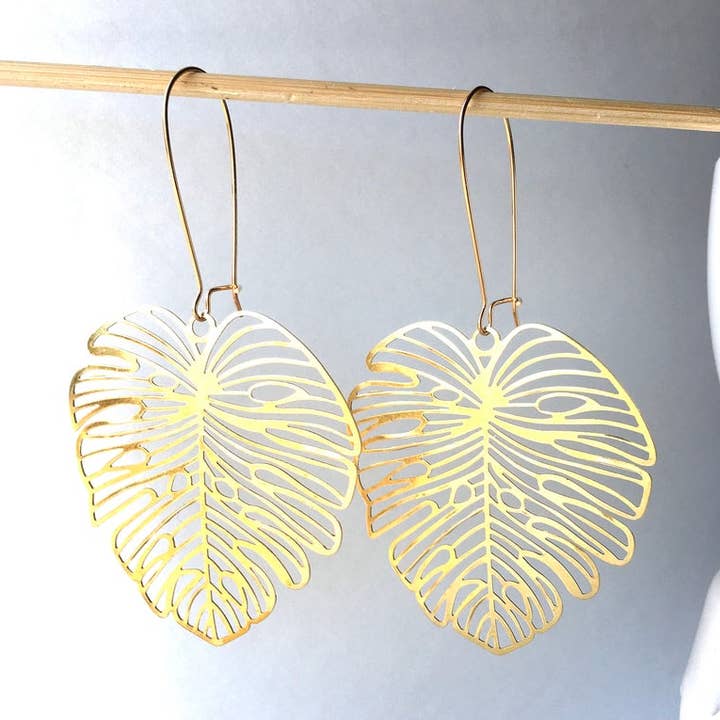 Red Truck Designs - Wholesale Dangle Earrings - Monstera Leaf Earrings Large Long Gold Lace Tropical0