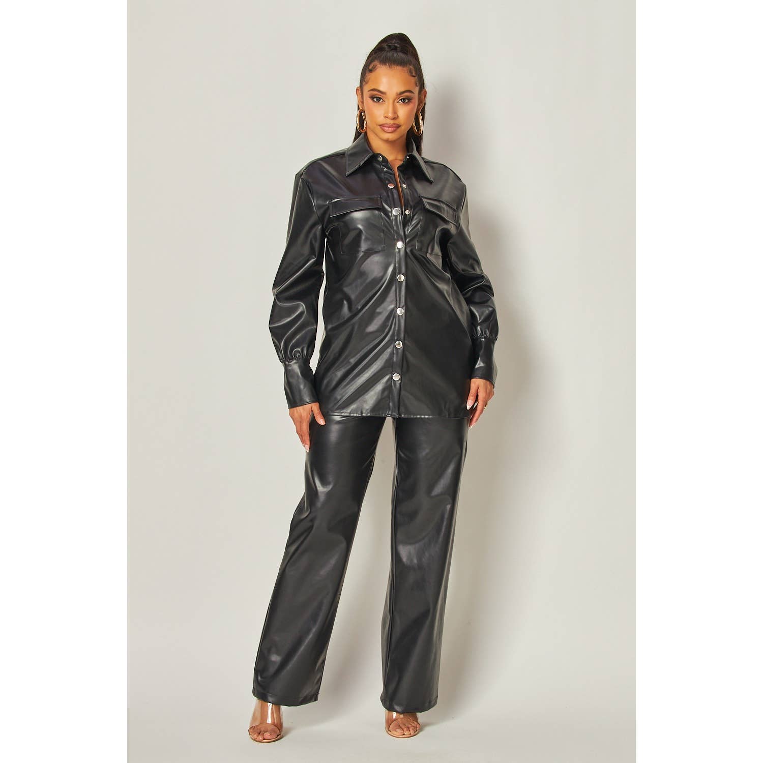 Miss 8 - Wholesale Top & Pant Set (NOT Loungewear) - Women's - Sleek Faux Leather Button-Up Shirt and Pants Set1