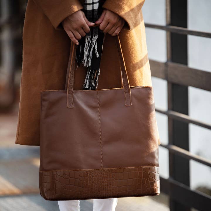 Assots London - Wholesale Tote Bag - Women's - 'SIENNA' Tan Croc + Pebble Grain Unlined Leather Tote Bag