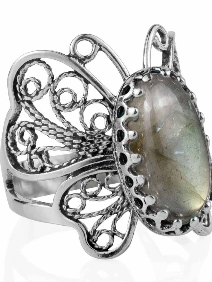 Filigrana Arte Labradorite Gemstone Mulheres Borboleta Anel Prata de Lei por atacado de Filigranist Jewelry