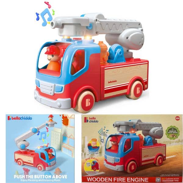 St. Louis Wholesale LLC - Wholesale Wood Toy - Kids - Bello Chiddo STEM Wooden Toys - Fire Engine - LED Lights