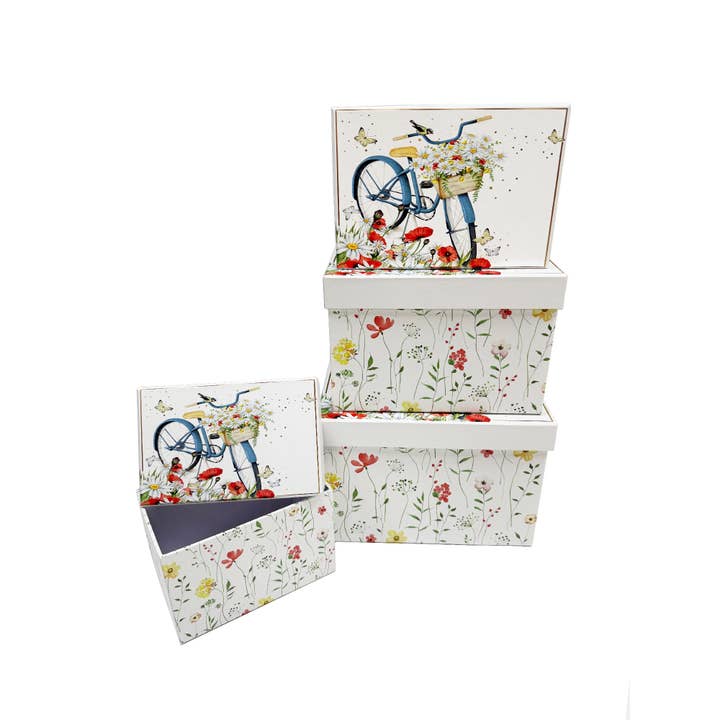 Multi Rectangle Nesting Boxes Top Lid Bike & Flowers Set Of 4 for wholesale on Faire