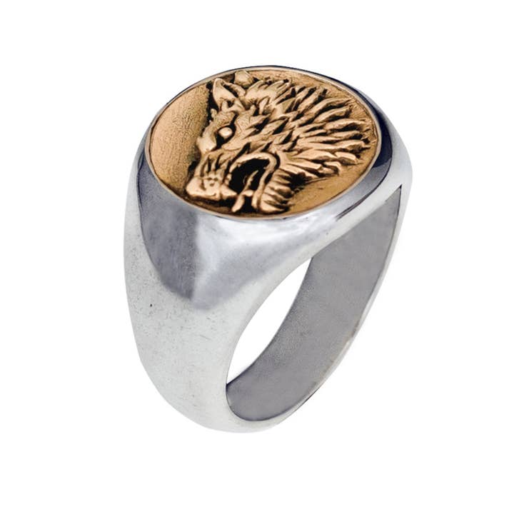 JewelryLab - Wholesale Signet Ring - Wolf Ring - 925 Sterling Silver with brass Emblem7