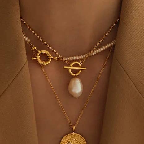 Gold Lunar - Wholesale Pendant/Charm Necklace - T-Bar & Pearl Drop Necklace – Gold or Silver Plated Modern