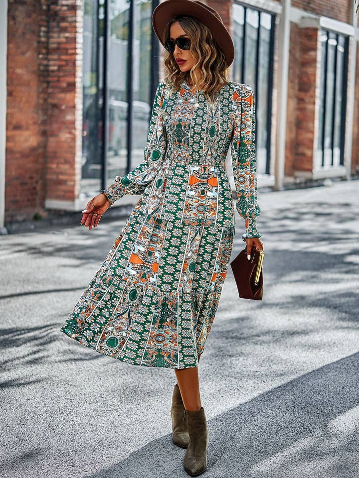 SZ25-DR3022 Paisley Print Long Sleeve Smocked Midi Dress for wholesale by ePretty
