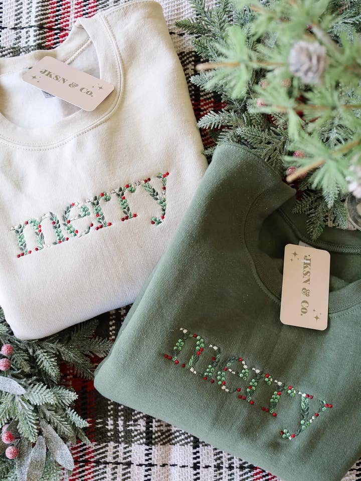 JKSN & Co. - Wholesale Sweatshirt - Unisex - Floral Merry Embroidered Christmas Crewneck0