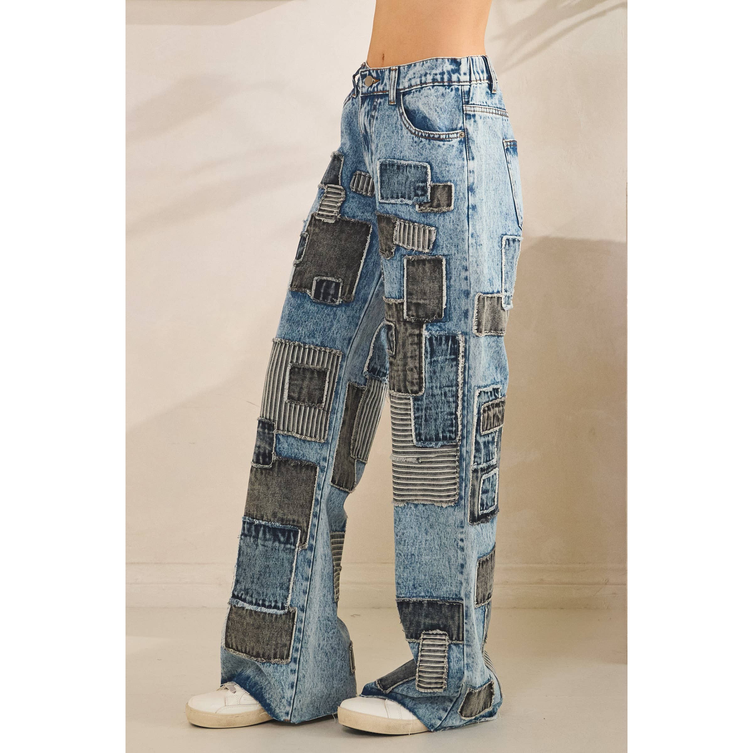 DENIM MULTI SQUARE PATCHES STRAIGHT JEANS for wholesale on Faire7