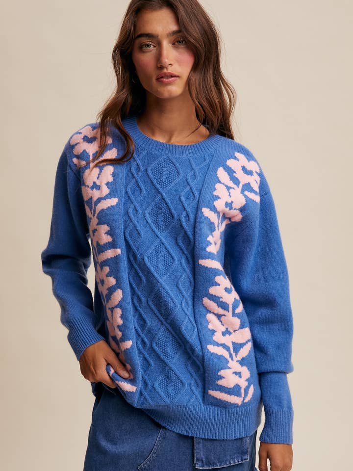 Floral Panel Cable Knit Sweater LSW0880 for wholesale by Listicle