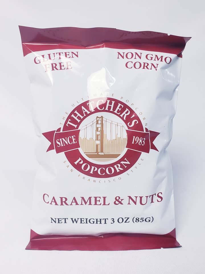 3oz Caramel Corn & Nuts Snack Pack Popcorn for wholesale by Thatcher's Gourmet Popcorn